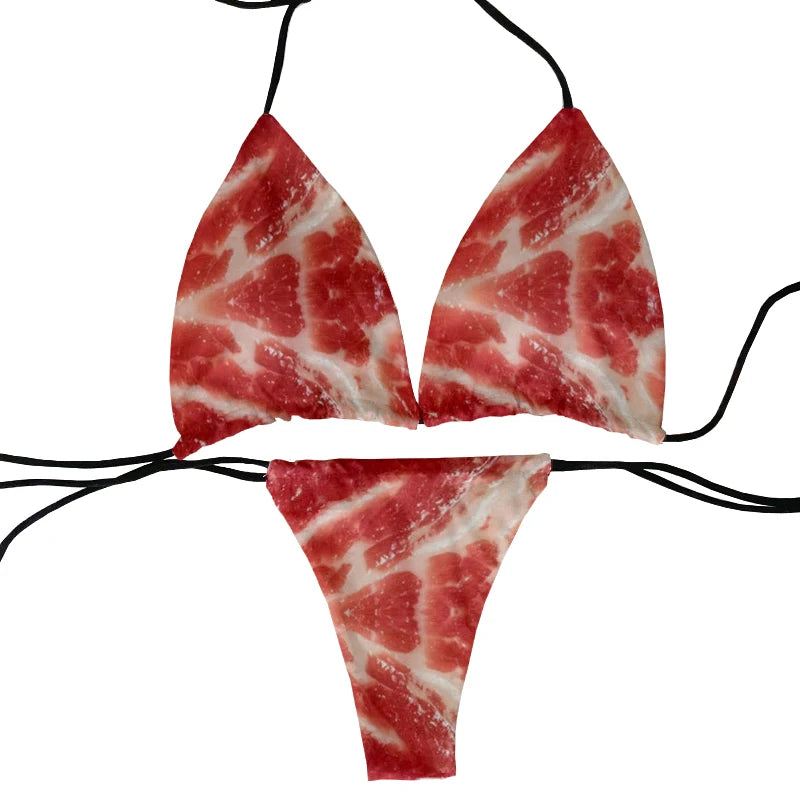 Funny pork belly pattern printed bikini set personality fashionable skinny bikini deep V summer beachwear party bikini