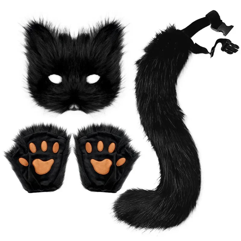 Fox Cat Ears Mask+Tail +Gloves，Fluffy Animal Headwear Ears Hairpin+Tail +Bell，Hair Hoop Set for Halloween Cosplay Accessories