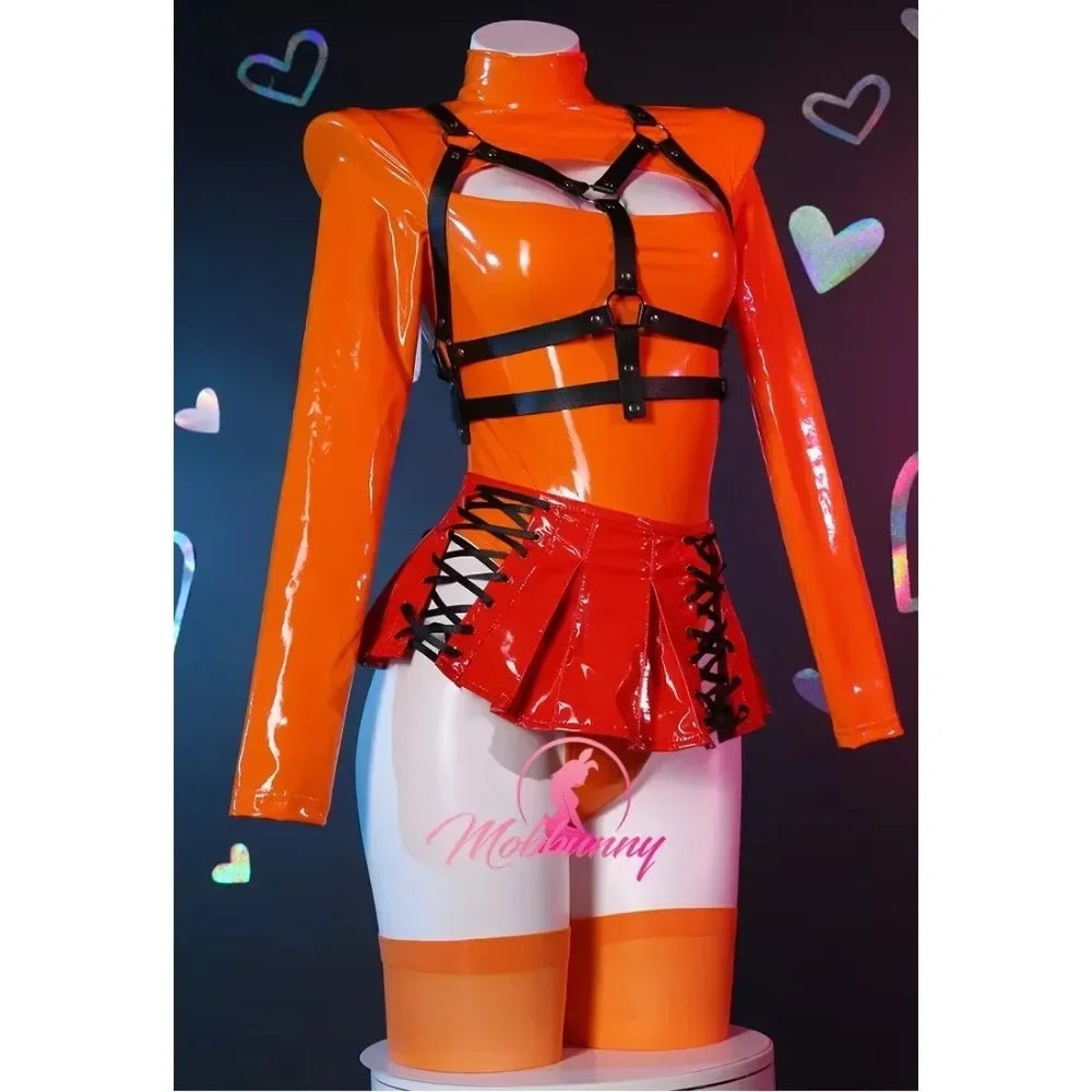 Women Velma Cosplay Costume Women Lingerie Orange Chest Open Bodysuit and Lace-up Mini Skirt with Socks