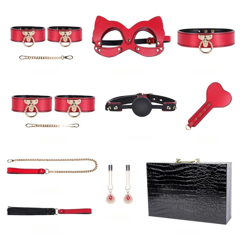 Genuine Leather BDSM Bondage Set - High Quality Fetish Handcuffs, Collar, Gag & Whip for Women, Couples Adult Erotic Sex Toys