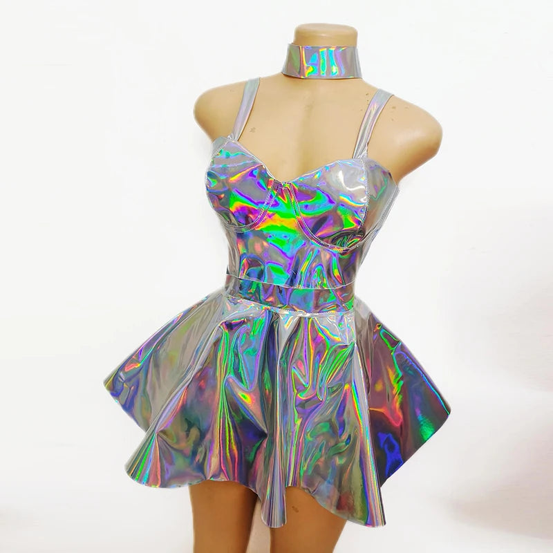 ASHBURN™ Holographic Embroidered Bodysuit & Skirt Set – Laser Clubwear for Festival + Stage Seduction