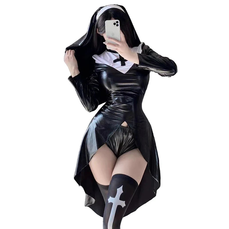 Sexy Gothic Latex Nun Costume Halloween Black PU Leather Sister Role Play Outfit High Split Cross Dress Club Party Women Cosplay