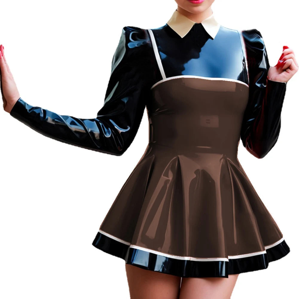 Wetlook-Glossy PVC Patchwork Mini Dress, Lapel Neck, Puff Sleeve, A-line Dress, Faux Latex, Long Sleeve, High Street, Party Club