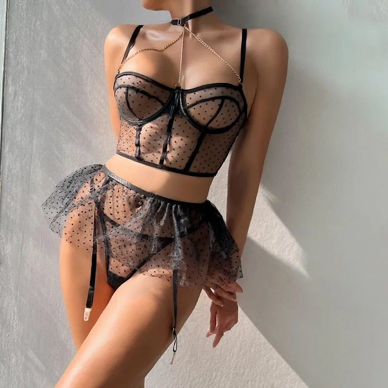 Toucheart Sexy Female Hot Suspender Three-point Underwear Set Lace Mesh Sexy Lingerie Lingerie for Women Sexy Bodysuit Lingerie