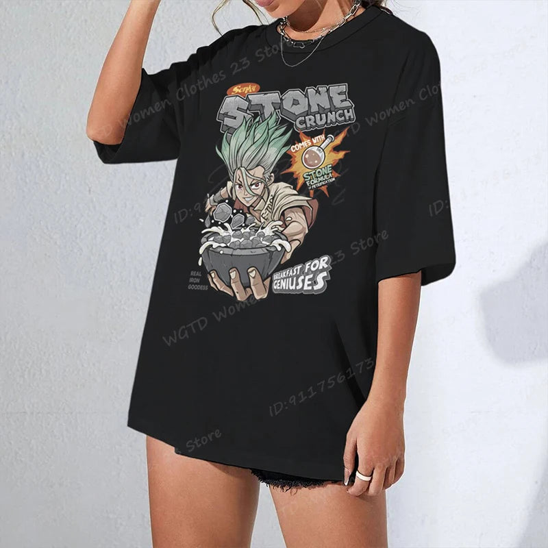 Anime Dr Stone Print T-shirts For Women/Men Summer Round Neck Solid Color Tee Shirts Fashion Casual Popular Oversized Tee Shirts