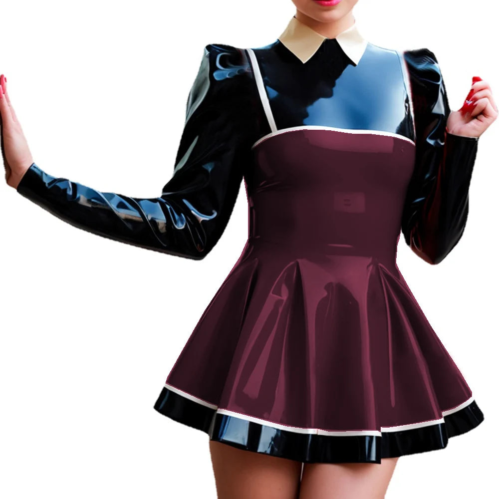 Wetlook-Glossy PVC Patchwork Mini Dress, Lapel Neck, Puff Sleeve, A-line Dress, Faux Latex, Long Sleeve, High Street, Party Club