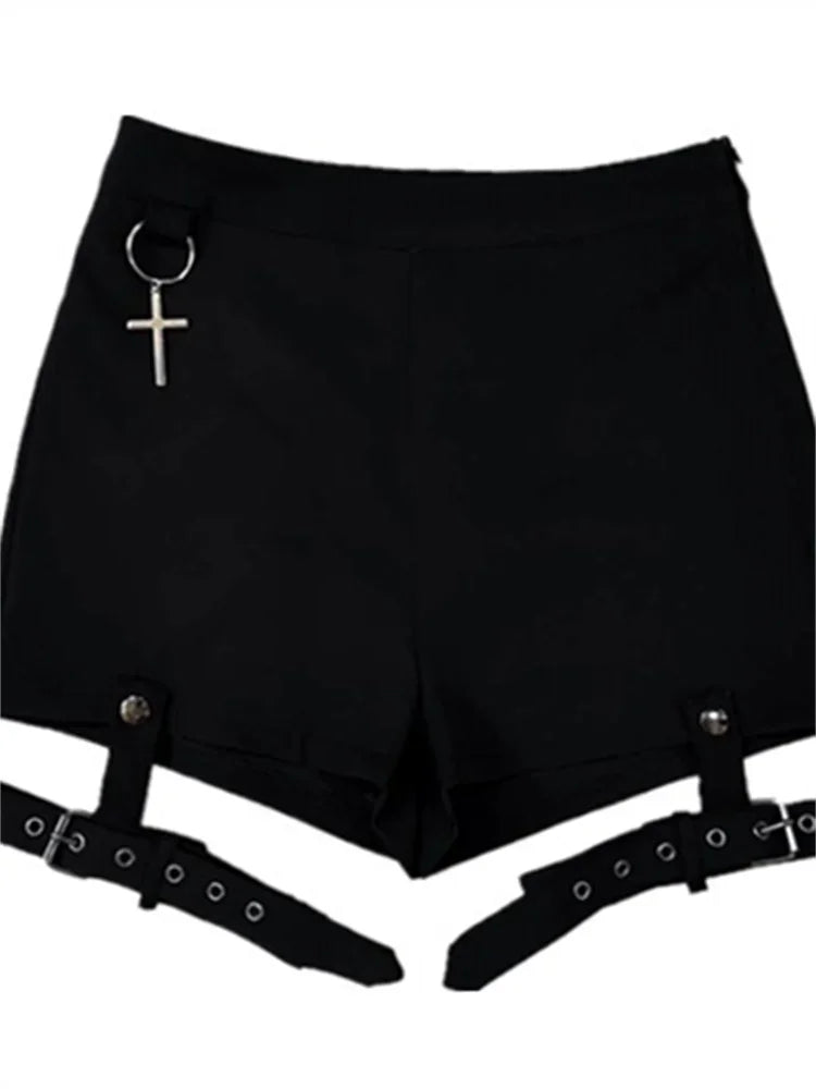 Harajuku Retro Fashion Women 2023 New Gothic Punk Shorts Solid Color Belt Patchwork High Waist Gothic Style Spring Ladies Shorts