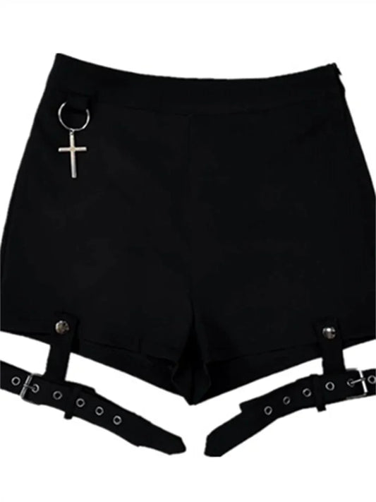 Harajuku Retro Fashion Women 2023 New Gothic Punk Shorts Solid Color Belt Patchwork High Waist Gothic Style Spring Ladies Shorts