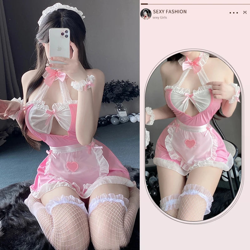 Maid Outfit Lolita Cosplay Lingerie Pajamas Sexy Kawaii Club Costume Black White Women Uniform Babydoll Dress Bowknot Costumes