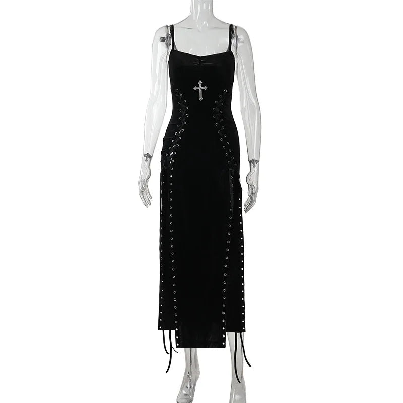 Goth Dark Punk Grunge High Split Hem Straps Dess 90s Streetwear Gown Women Sexy Corn Bandage Velvet Dresses Mall Gothic Clothing