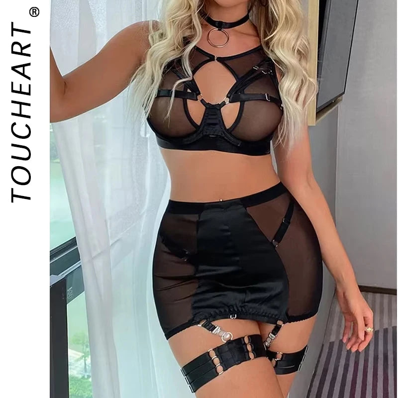 Toucheart 5-Pieces Erotic Lingerie Sexy Hip Skirt For Women Mesh Patchwork Hollow Out See-Through Lure Garters Underwear Suit