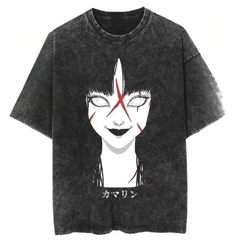 Anime Tomie Kawakami Junji Ito High-Street Washed Distressed Casual Sporty Light Luxury Men's Tees, Women's Short Tees & Couple