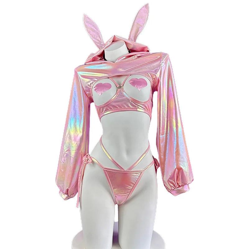 Sexy Lingerie Anime Bunny Girl Cosplay Pink Laser Patent Leather Bikini Rabbit Girl Shiny Halloween Underwear