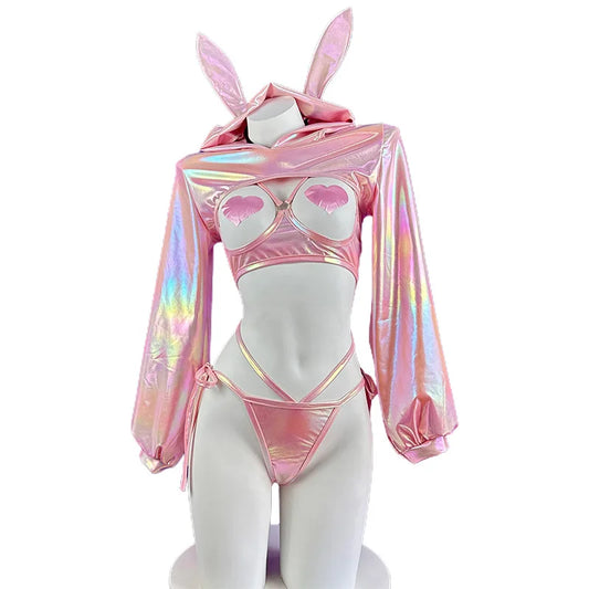 Sexy Lingerie Anime Bunny Girl Cosplay Pink Laser Patent Leather Bikini Rabbit Girl Shiny Halloween Underwear
