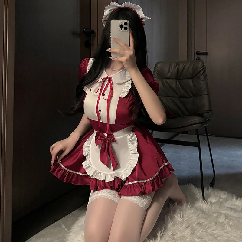 Lolita Women Maid Outfit Cosplay Cute Sexy Erotic Kawaii Cafe Costume Cosplay Erotic Costumes Uniform Apron Dress Cute Bowknot