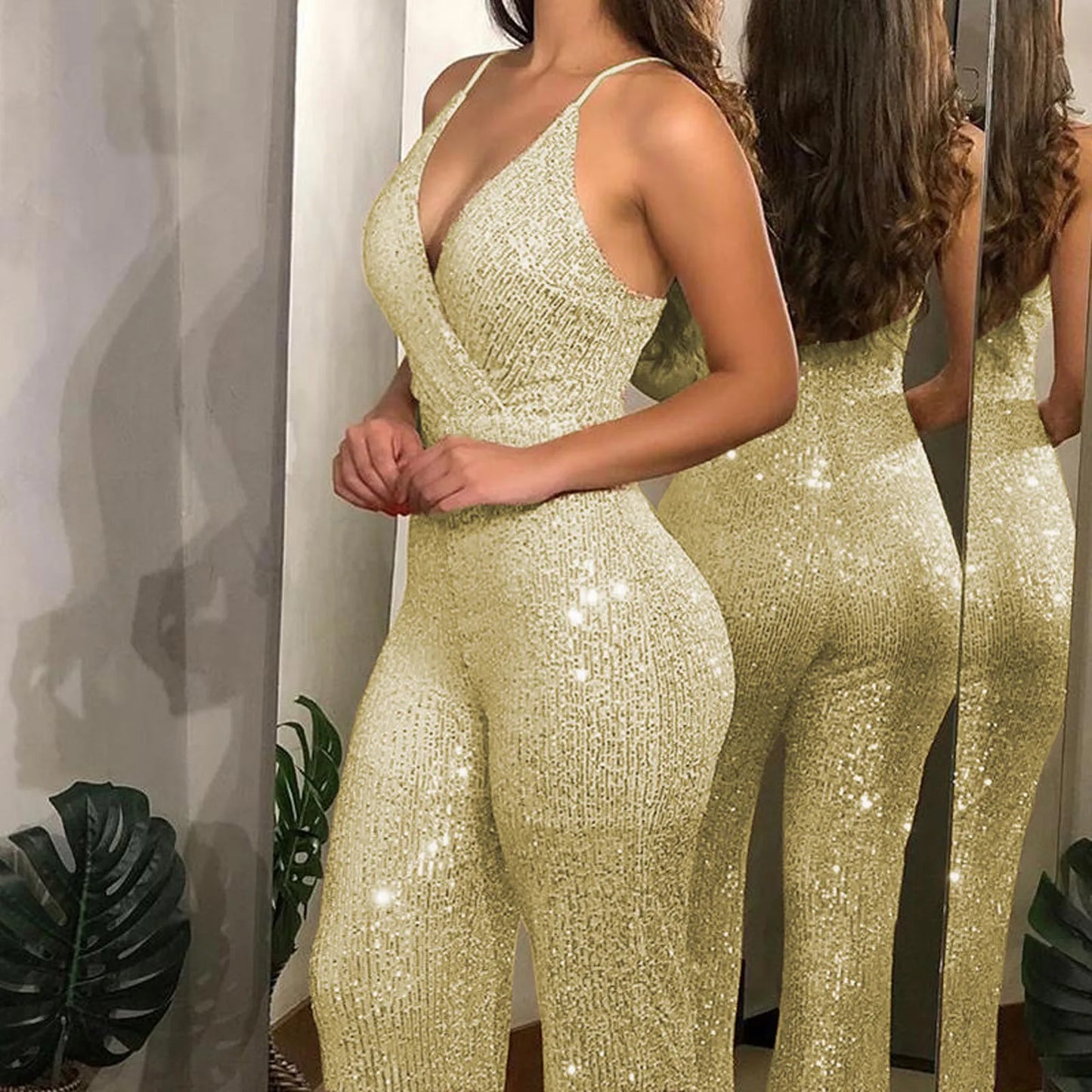 Ladies' Spaghetti Strap Slim Jumpsuit Sexy Fashion Suspender Sequins Fitted Jumpsuit Sleeveless Women'S Jumpsuit Monos Largos