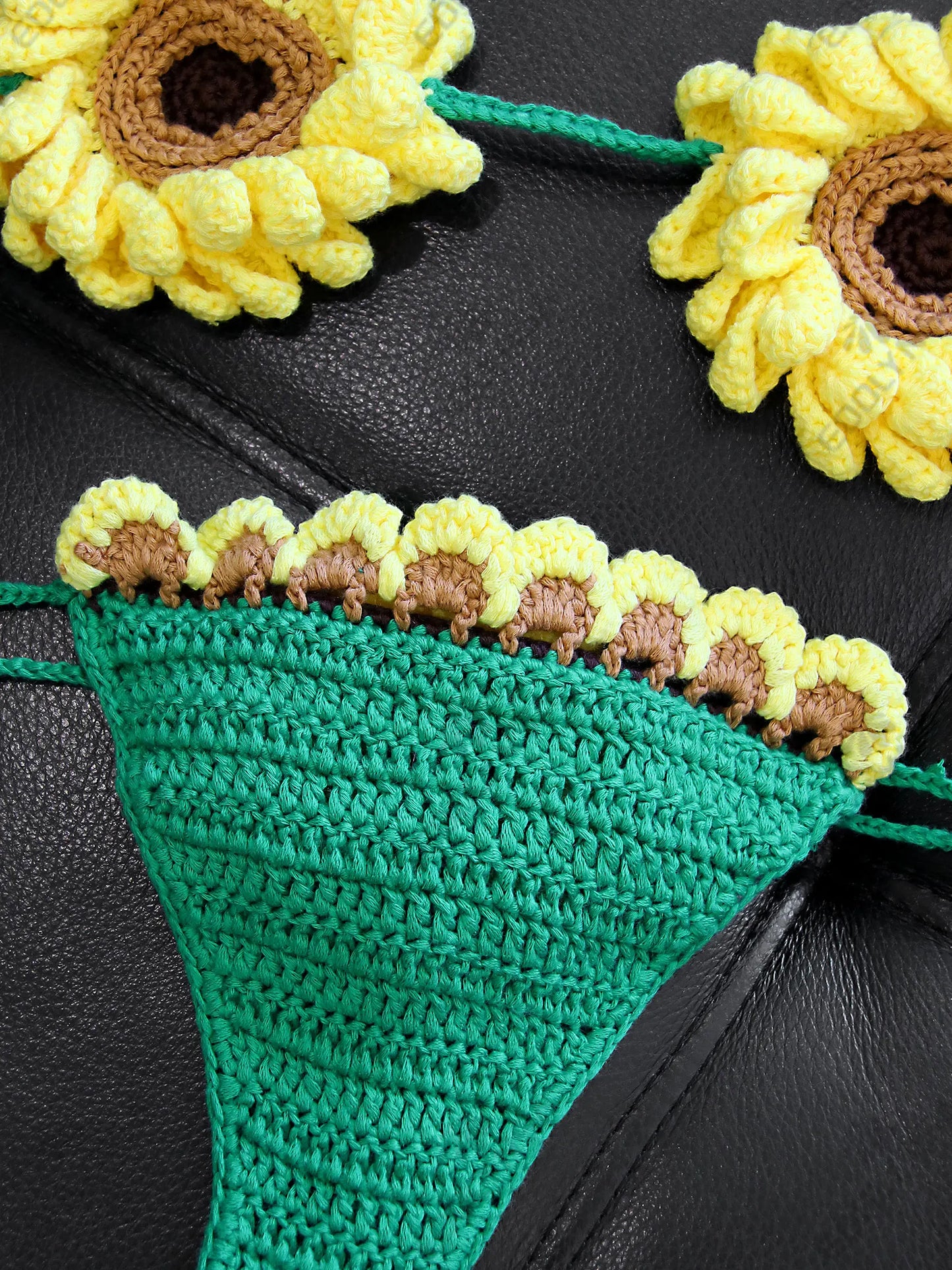 2 Piece Bikini Set 2025 Summer Yellow Sunflower Crochet Swimsuit Suit Set Beach Wear Bikinis Cover-up Women Bathing Suits C2