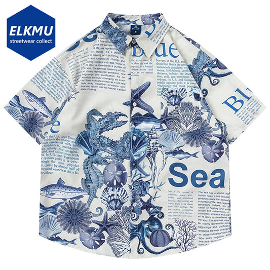 Sea World Letter Printed Shirts Japanese Harajuku Oversized Shirts Short Sleeve Button Up Blouse Men's Summer Hawaii Shirts Tops