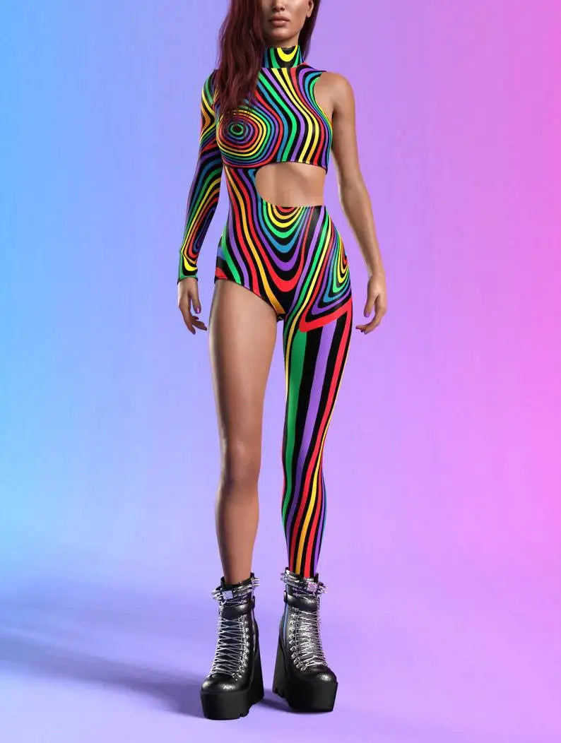 Asymmetrical Holiday Bodysuit Costume Colorful Rainbow Jumpsuit Women Cyberpunk Cosplay Halloween Party Performance Tights Suit