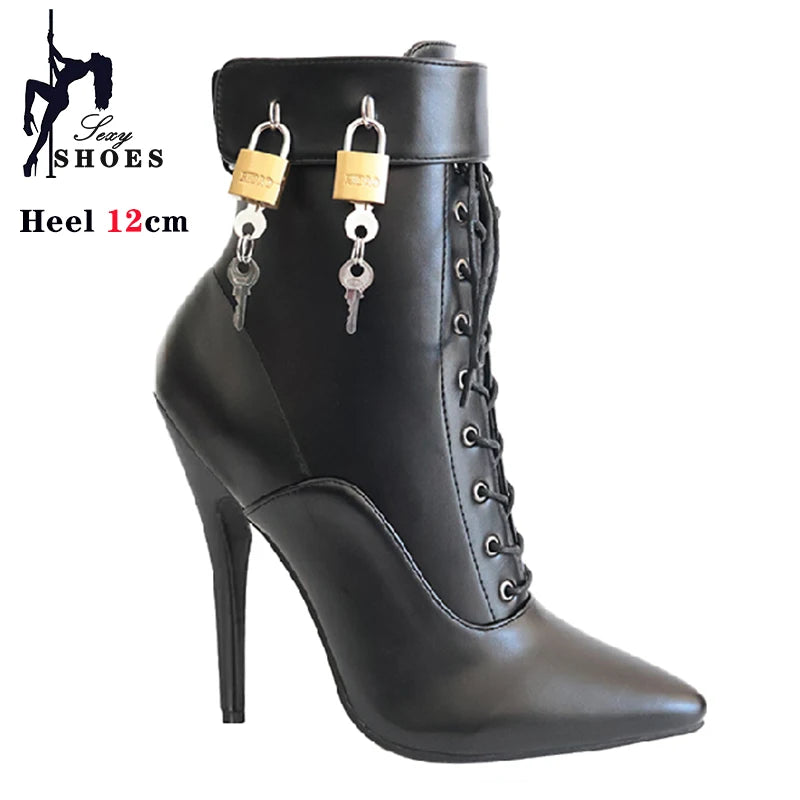 Women Pointed Toe Ankle Strap Boot 12cm Sexy Cross-tied Metal Thin High Shoes Stiletto Buckle Boots with Padlocks Lockable Boots
