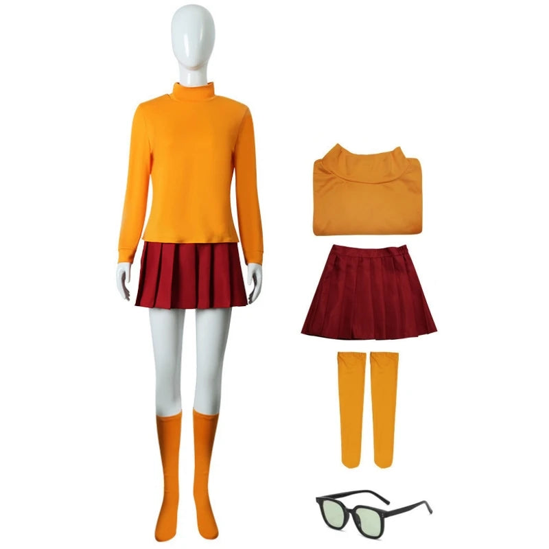 Anime Velma Seragam Cosplay Kostum Orange Short Skirt Uniform Wanita Oranye Kaus Kaki Rok Atas Halloween Party Carnival Set