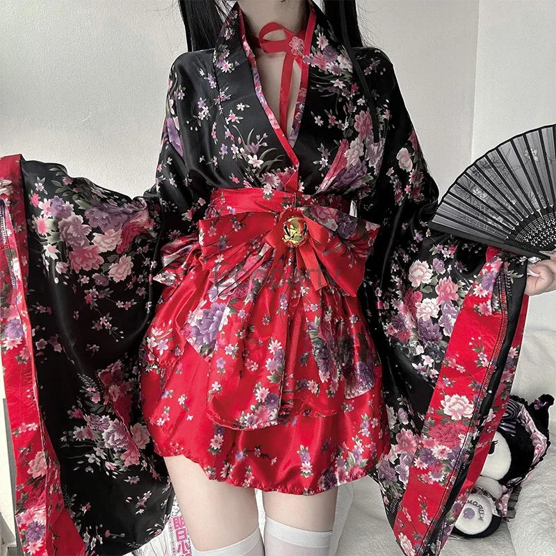 6pcs Traditional Japanese Kimono Robe Kawaii Pink Sakura Printed Bowknot Lolita Dress Halloween Party Geisha Cosplay Costumes