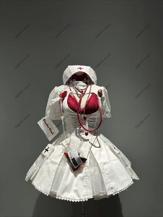 Little Nurse Halloween Special Edition Lolita Op Dark Dyed Blood Cosplay Dress Women Short Sleeve Slim A Line Above Knee Dresses