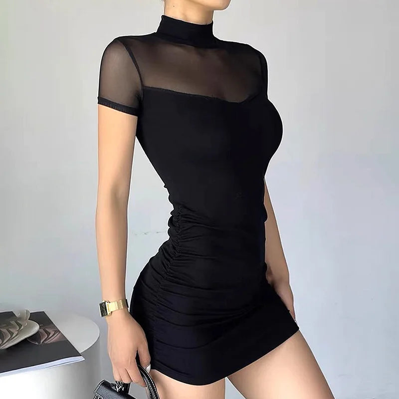 Goth Dark Mall Goth Mesh Patchwork Short Sleeve Mini Dress Cyber Y2K Half High Pleat Bodycon Dresses Women Slim Techwear
