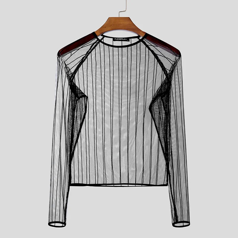 Party Nightclub Style Tops INCERUN Men's See-through Thin Design T-shirts Sexy Leisure Male Hot Sale Long Sleeved Camiseta S-3XL