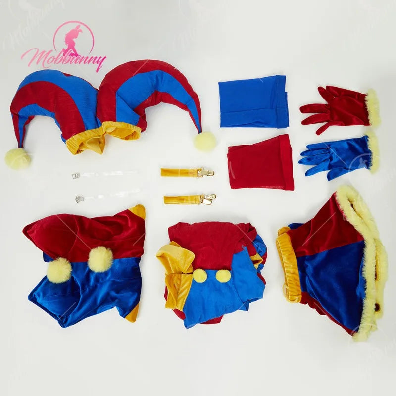 MOBBUNNY Halloween Clown Cosplay Costume Women's Lingerie Set Blue Red Bodysuit and Mini Skirt with Gloves and Hat clown