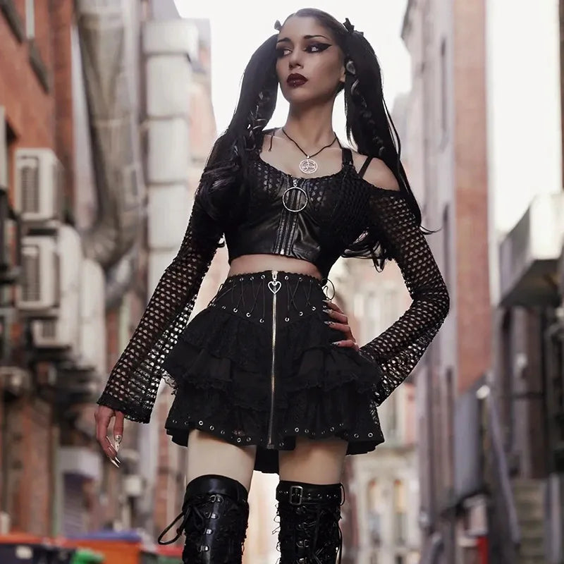 Gothic Skater Punk Vintage High Wasit Skirt Women's Zipper Front Japanese Style Kawaii Black Harajuku Cosplay Mini Skirts