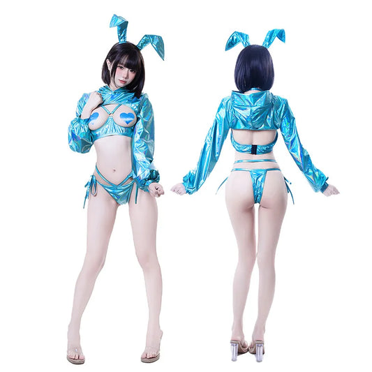Anime Cute Bunny Girl Costumes Women Sexy Laser Leather Hooded Bodysuit Outfits Kawaii Rabbit Ears Uniform Bikini Set Nightdress