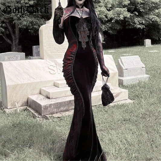 Goth Dark Ladies Elegant Fashion Tight Halter Mermaid Dresses Hotsweet Corset Mesh Maxi Dress Gothic Pleated Bodycon Party Gown