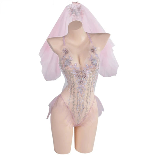 Sexy Bride Wedding Gown Veil Pajamas Cosplay Costume Women Embroidery Lace Flower Bodysuit See Through Girls Role Play Underwear