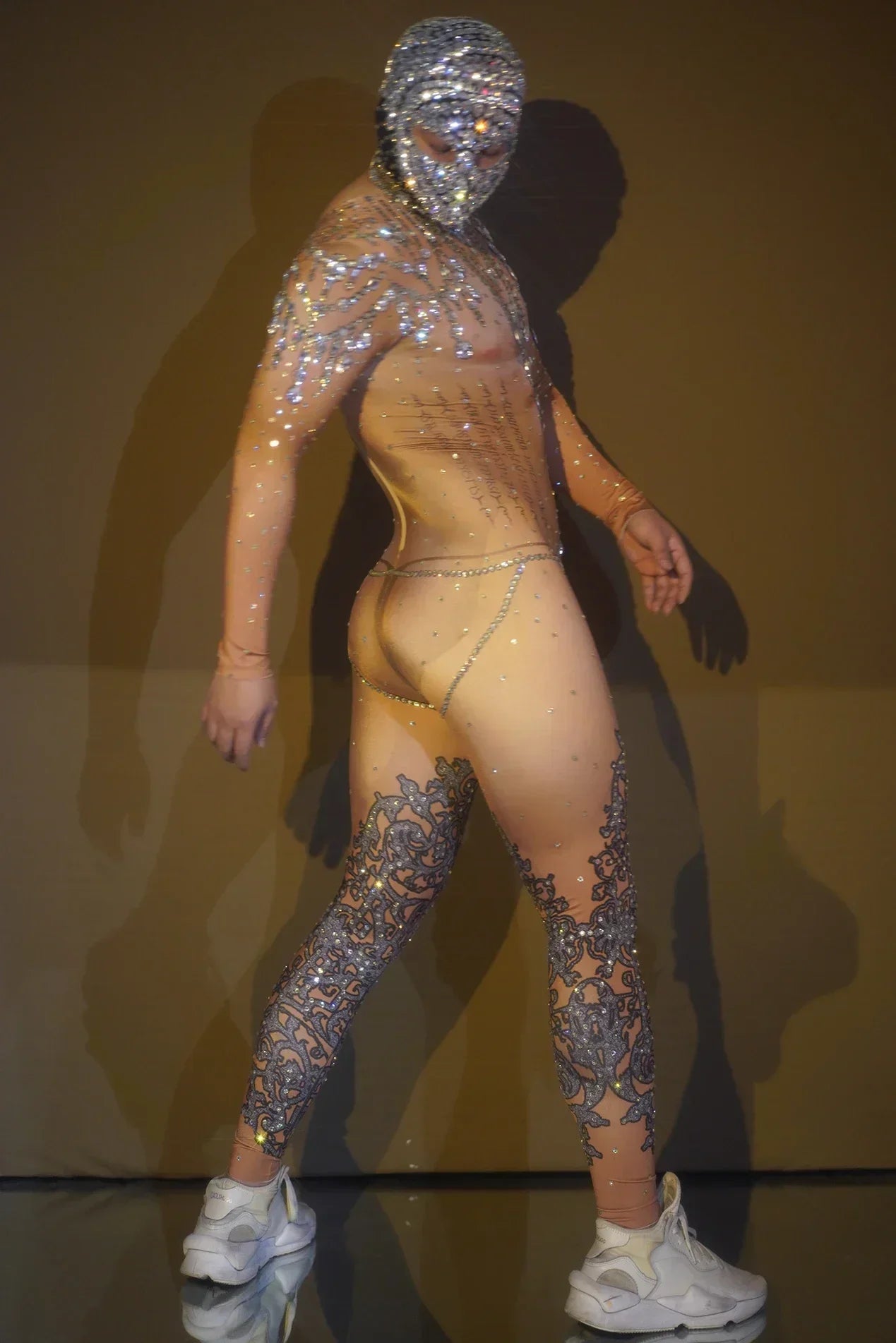 DJ Nightclub Party Prom Outfits Performance Dance Show Stage Wear Men Elastic Leotard Headgear Sparkly Rhinestone Jumpsuits Sexy
