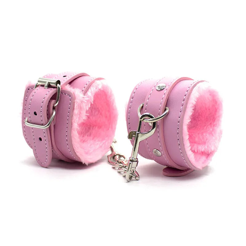 Pink Black Red BDSM Sexy Bondage Handcuffs Ankle Cuffs Adjustable With Whip Adult Game Erotic Sex Toy for Women Couples