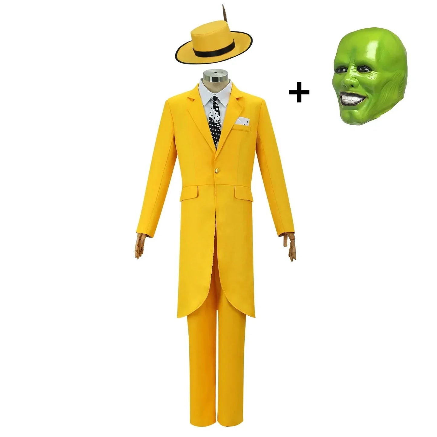 Movie The Mask Cosplay Costume Jim Carry Cosplay Yellow Uniform Carnival Party Suit Hat Green Mask Halloween Carnival Costume