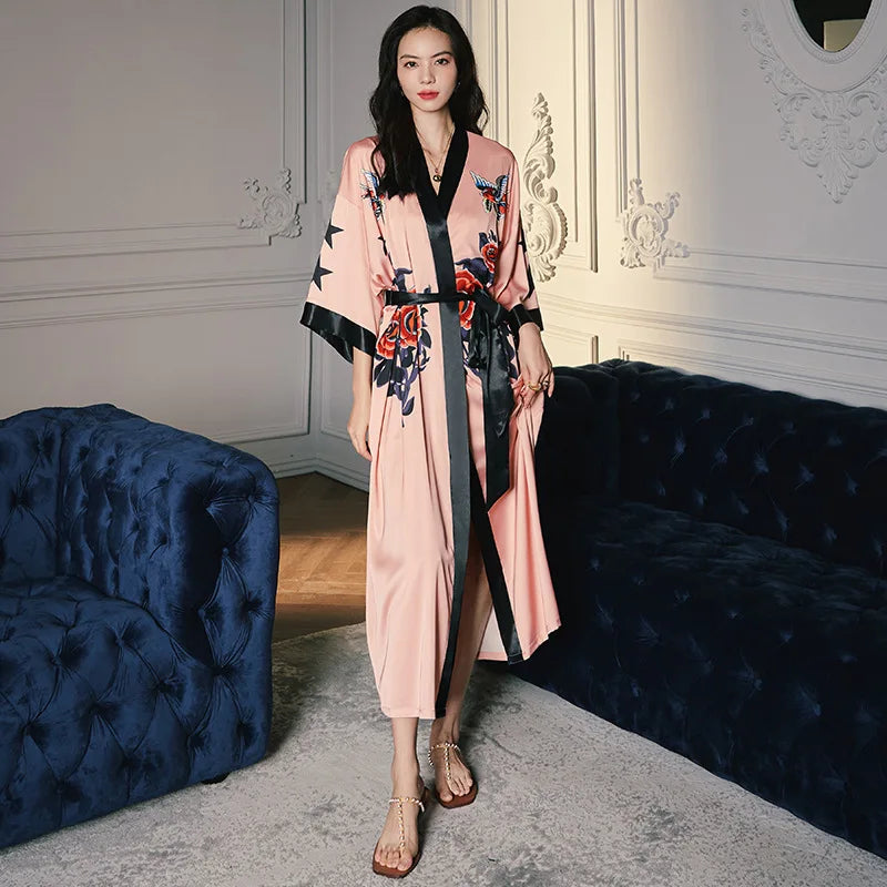 Oversize Long Robe Spring Summer Women Sleepwear Kimono Bathrobe Gown Sexy Satin Nightwear Nightgown Loose Home Dressing Gown