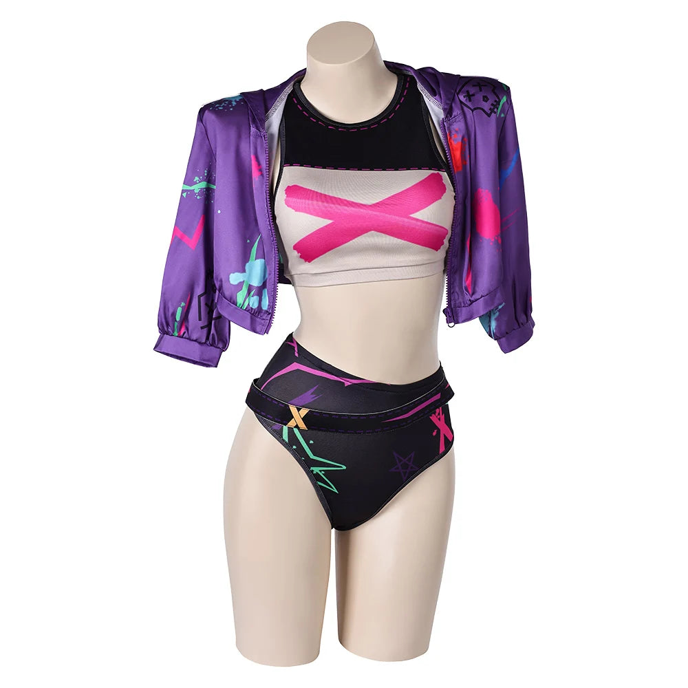 Game LOL Arcane Jinx Swimsuits Swimwear Cosplay Costume Women Summer Sexy Bikini Tops Shorts With Cloak Halloween Party Suits