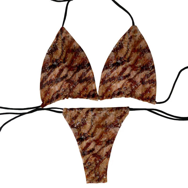 Funny pork belly pattern printed bikini set personality fashionable skinny bikini deep V summer beachwear party bikini