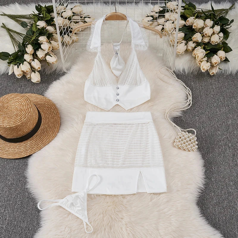 Toucheart Preppy Style Sexy Uniform Sets Women Sexy Uniform Suit Sheer Top+Lace Up Mini Skirt+Thongs Hollow Cosplay Porn Suits