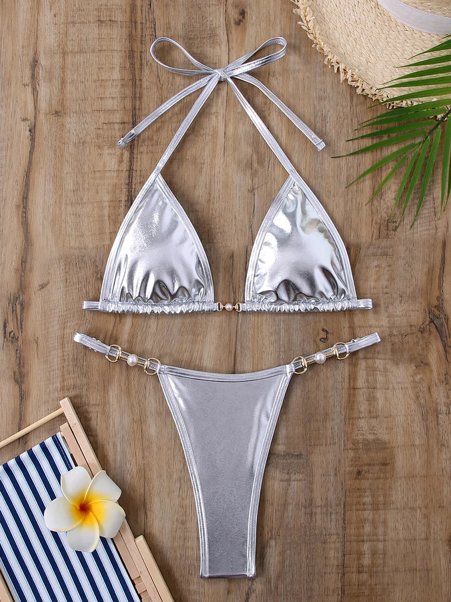 Metallic Halter Triangle Bikinis Sets Thong Swimsuit