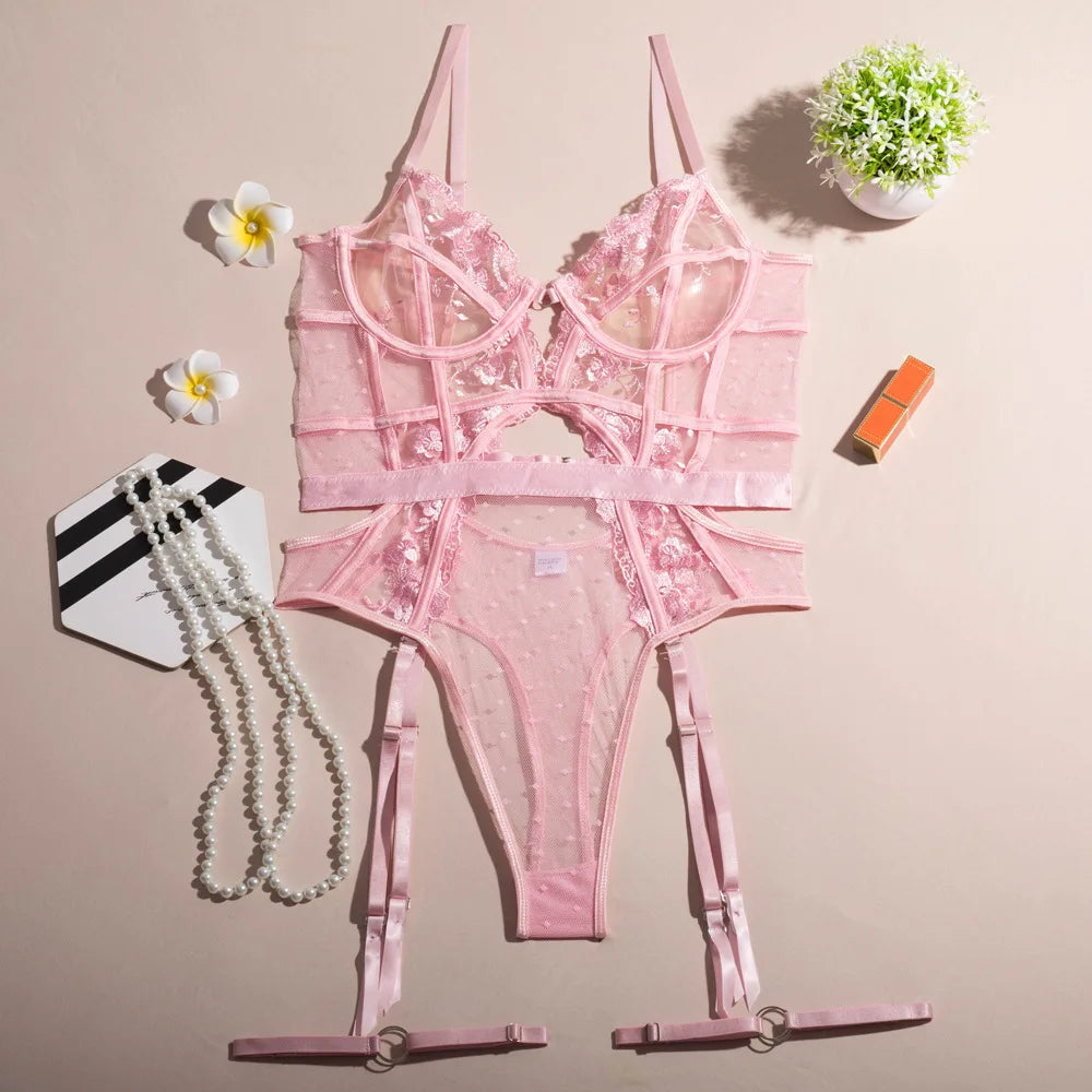 Toucheart Lace Embroidery Jumpsuit For Women Mesh Patchwork See-through Sexy Hollow Out Underwear Solid Color Garters Underwear