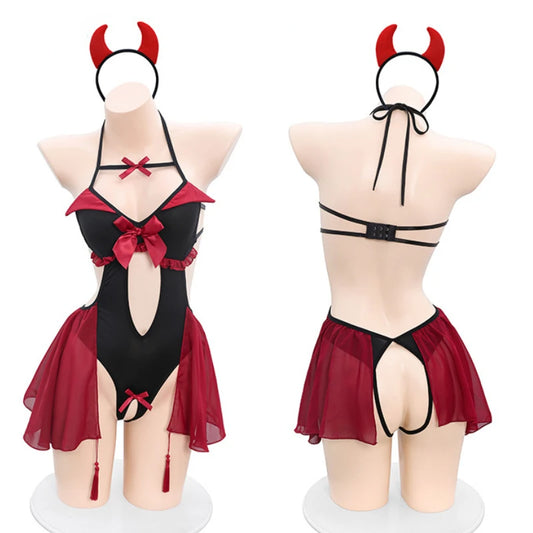 Sexy Demon Hollow Bodysuit Cosplay Costume Red Witch Nightdress Cute Girl Underwear Role Play Lingerie Women Outfits Nightgown