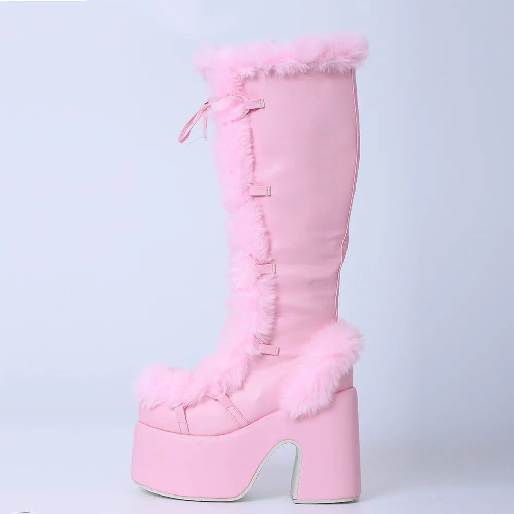 GIGIFOX Platform Furry Boots Chunky High Heeled Winter Autumn Knee High Boots Women Faux Fur Zip Gothic Style Punk Shoes Ladies