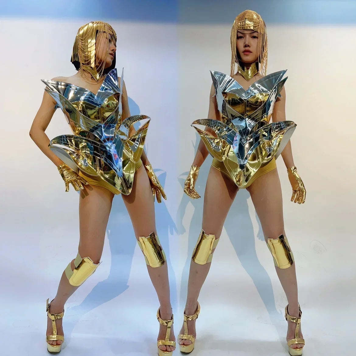 ASHBURN™ Mirror Goddess Set – 3 Piece Gold or Silver Armor Bra + Skirt + Wide-Leg Leg Covers | Festival Dancewear