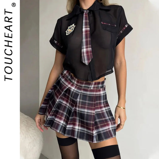 Toucheart Preppy Style Sexy Uniform Sets Women Sexy Uniform Suit Sheer Top+Lace Up Mini Skirt+Thongs Hollow Cosplay Porn Suits