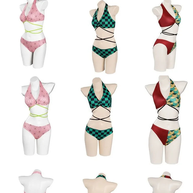 Anime Demon Slayer Kamado Nezuko Cosplay Swimsuit Bikini Cover Up Beach Bathing Two-Piece Swimwear Halloween Carnival Suit gifts