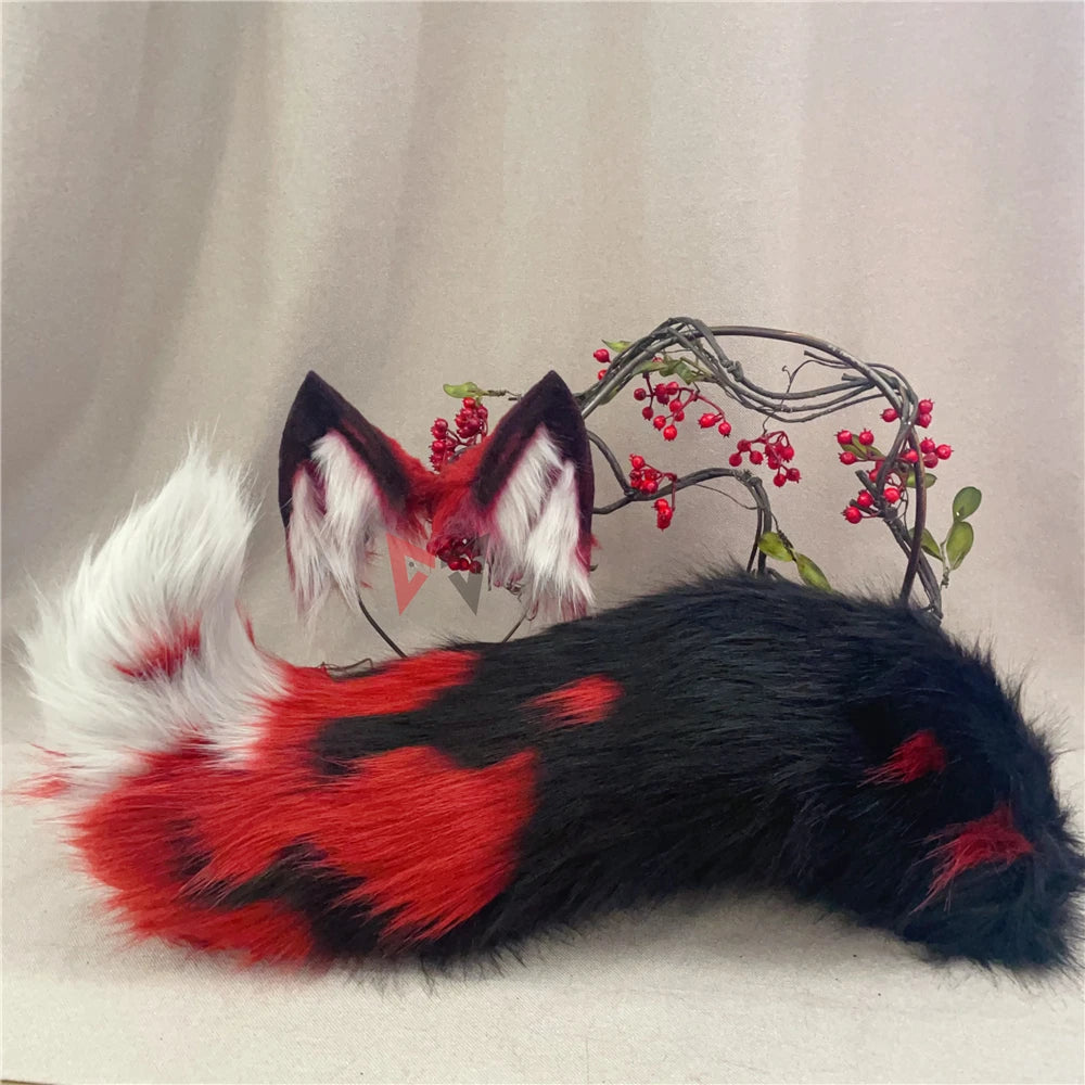 New Hand Made Work Halloween Blond Red Wolf  Wolves Ears Hairhoop Headwear Tail  Black Green Costume Accessories Custom Made