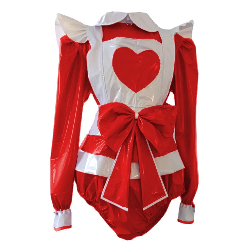 Long Sleeve heart Rompers Maid style with Big Bow Apron Spandex PVC Leather Cosplay Suits